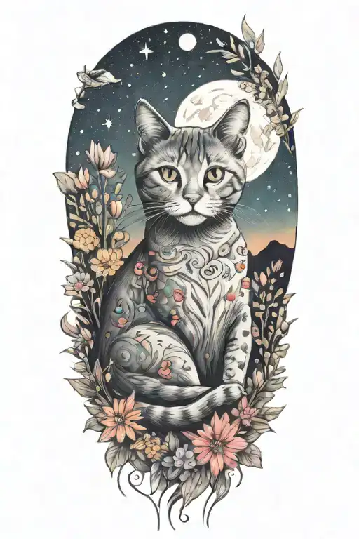 A cat exploring a field of colorful flowers under a starry sky tattoo design idea