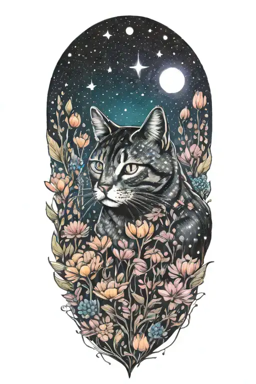 A cat exploring a field of colorful flowers under a starry sky tattoo design idea
