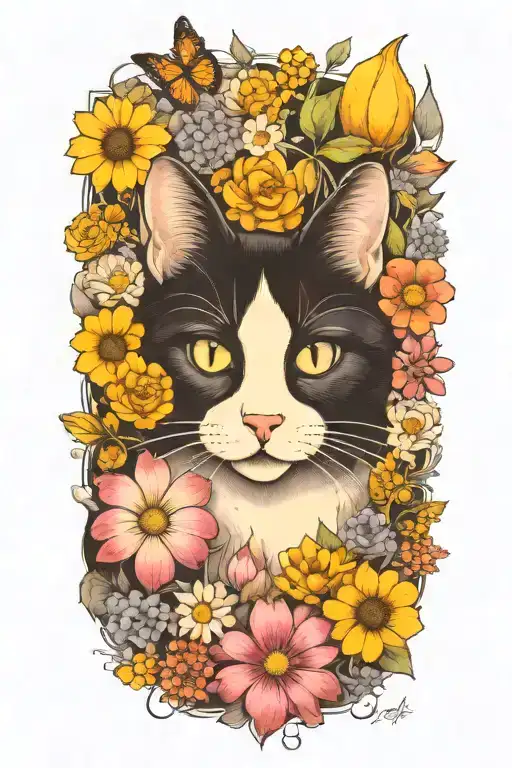 A whimsical black and white cat surrounded by a field of flowers tattoo design idea