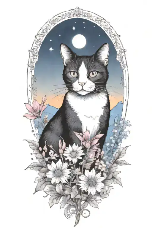 A tuxedo cat exploring a field of colorful wildflowers under a starry sky (remove frame) tattoo design idea