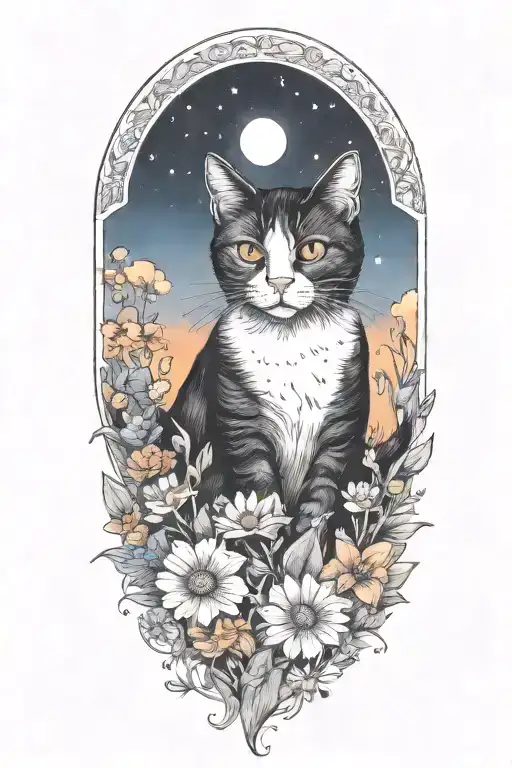 A tuxedo cat exploring a field of colorful flowers under a starry sky tattoo design idea