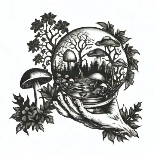 A witchy scene of a crystal ball revealing a mystical forest filled with mushrooms, flowers, and magical creatures tattoo design idea