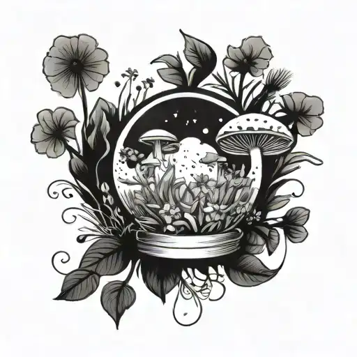 A mystical crystal ball surrounded by wildflowers and mushrooms tattoo design idea