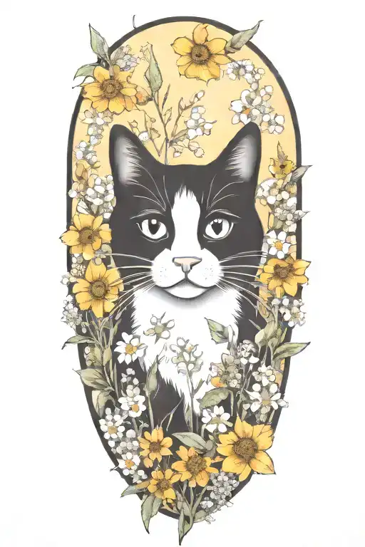 A whimsical black and white cat surrounded by wildflowers tattoo design idea
