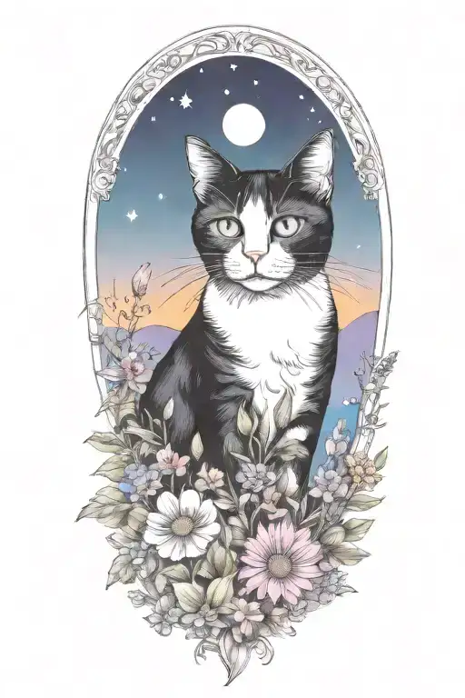 A black and white cat exploring a field of colorful flowers under a starry night sky  tattoo design idea
