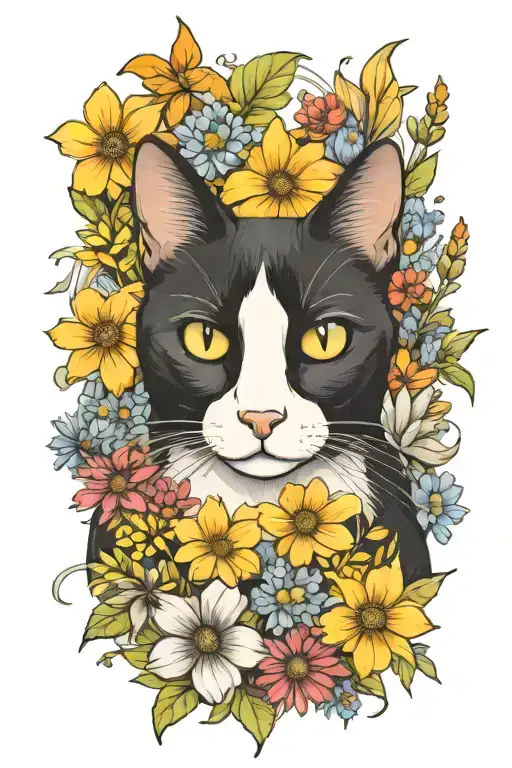 A tuxedo cat surrounded by wildflowers tattoo design idea