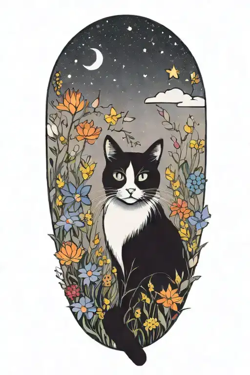 A black and white cat exploring a field of colorful flowers under a starry sky tattoo design idea