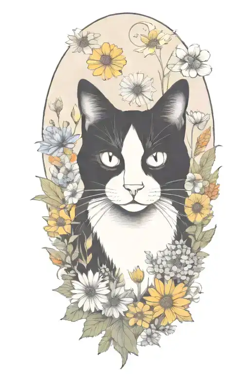 A black and white cat exploring a field of colorful wildflowers tattoo design idea