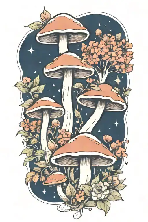 mushrooms, flowers, space tattoo design idea