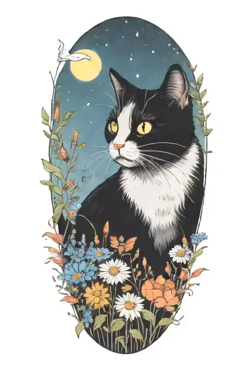 A whimscial black and white cat exploring a field of colorful wildflowers under a starry sky tattoo design idea