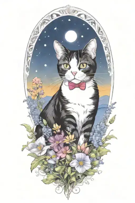 A tuxedo cat exploring a field of colorful flowers under a starry sky (remove frame) tattoo design idea