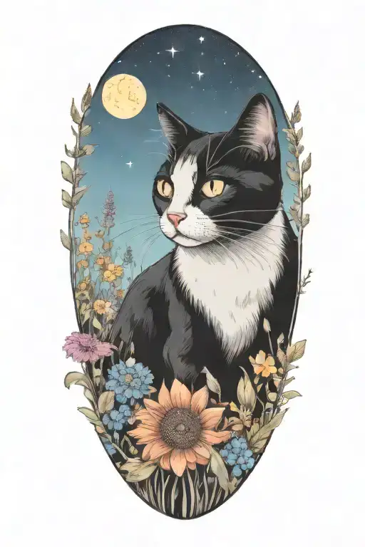 A whimscial black and white cat exploring a field of colorful wildflowers under a starry sky tattoo design idea