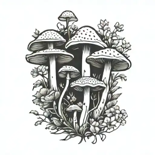 A geometric design incorporating mushrooms and wildflowers tattoo design idea