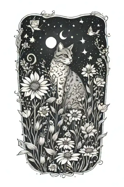 A cat exploring a field of colorful flowers under a starry sky tattoo design idea