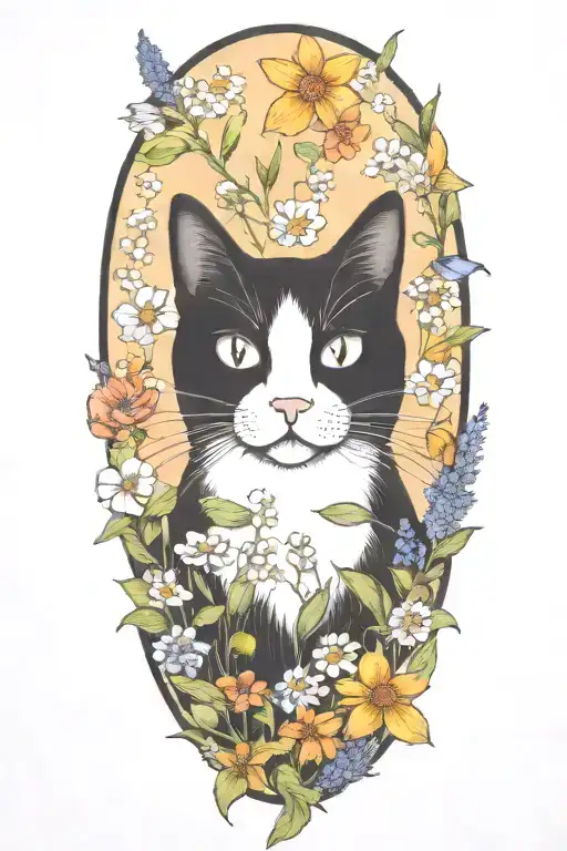 A whimsical black and white cat surrounded by wildflowers tattoo design idea
