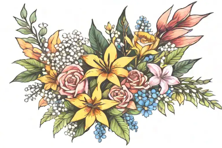 floral bouquet with a strelitzia, a rose, a daisy, and lily of the valley tattoo design idea