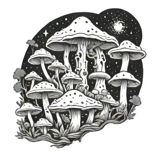 A cosmic mushroom forest with galaxies in the background tattoo design idea