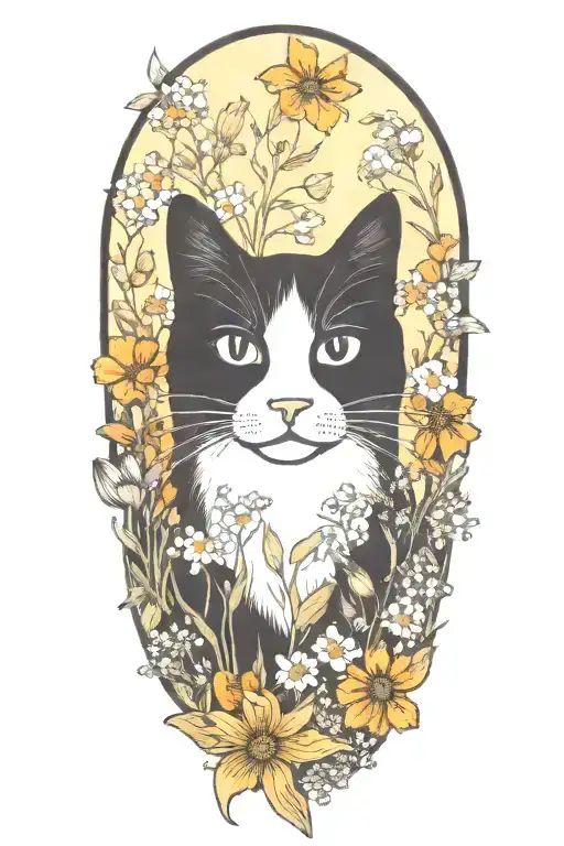 A black and white cat surrounded by a field of wildflowers tattoo design idea