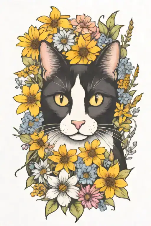 A whimsical black and white cat exploring a field of wildflowers tattoo design idea