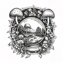 A mystical crystal ball surrounded by wildflowers and mushrooms tattoo design idea