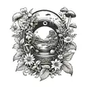 A mystical crystal ball surrounded by wildflowers and mushrooms tattoo design idea