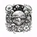 A mystical crystal ball surrounded by wildflowers and mushrooms tattoo design idea