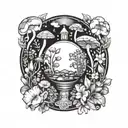 A mystical crystal ball surrounded by wildflowers and mushrooms tattoo design idea
