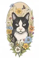 A black and white cat exploring a field of colorful wildflowers tattoo design idea