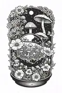 A mystical crystal ball surrounded by wildflowers and mushrooms tattoo design idea