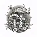 Outdoor scene with a crystal-encrusted mushroom and flower field tattoo design idea