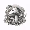 Outdoor scene with a crystal-encrusted mushroom and flower field tattoo design idea