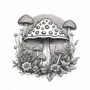 Outdoor scene with a crystal-encrusted mushroom and flower field tattoo design idea