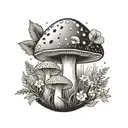 Outdoor scene with a crystal-encrusted mushroom and flower field tattoo design idea