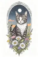 A cat exploring a field of colorful flowers under a starry sky tattoo design idea