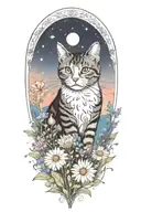 A cat exploring a field of colorful flowers under a starry sky tattoo design idea