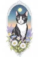 A tuxedo cat exploring a field of colorful wildflowers under a starry sky (remove frame) tattoo design idea