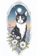 A tuxedo cat exploring a field of colorful wildflowers under a starry sky (remove frame) tattoo design idea