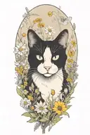 A black and white cat exploring a field of wildflowers tattoo design idea