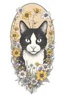 A black and white cat exploring a field of wildflowers tattoo design idea