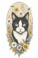 A black and white cat exploring a field of colorful wildflowers tattoo design idea