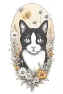 A black and white cat exploring a field of colorful wildflowers tattoo design idea