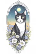 A tuxedo cat exploring a field of colorful flowers under a starry sky (remove frame) tattoo design idea