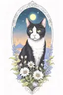A tuxedo cat exploring a field of colorful flowers under a starry sky (remove frame) tattoo design idea