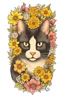 A whimsical black and white cat surrounded by a field of flowers tattoo design idea