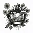 A mystical crystal ball surrounded by wildflowers and mushrooms tattoo design idea