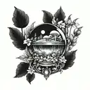 A mystical crystal ball surrounded by wildflowers and mushrooms tattoo design idea