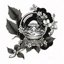 A mystical crystal ball surrounded by wildflowers and mushrooms tattoo design idea