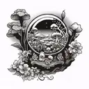 A mystical crystal ball surrounded by wildflowers and mushrooms tattoo design idea
