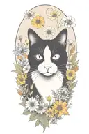 A black and white cat exploring a field of colorful wildflowers tattoo design idea