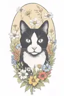 A black and white cat exploring a field of colorful wildflowers tattoo design idea